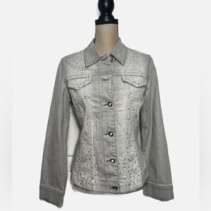 Chicos Platinum Embellished Lt Grey White Jean Jacket Womens size Chicos 1